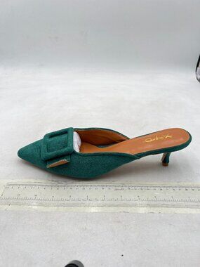 XYD Dark Cyan Pointed Toe Mule Pumps with Buckle Kitten Low Heels Slip On Shoes